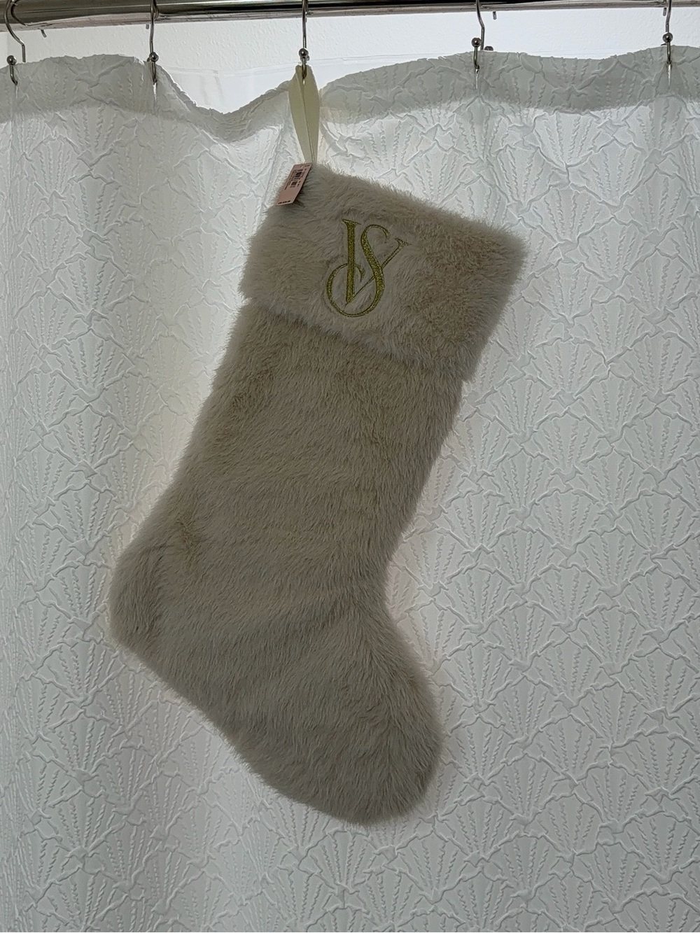 Plush Faux Fur Holiday Stocking with Monogram Detail - Light Taupe